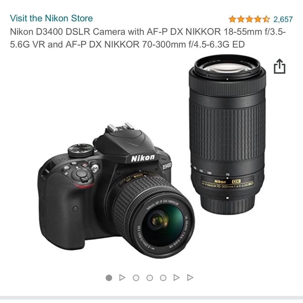 Nikon D3400. Comes with camera, lenses, camera case, battery charger, and tripod